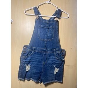 Cat & Jack Girls XL 14/16 Distressed Denim Shortalls Blue Stretch Overalls
